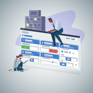 Low-fidelity illustration of two people interacting with a larger-than-life-sized web app interface