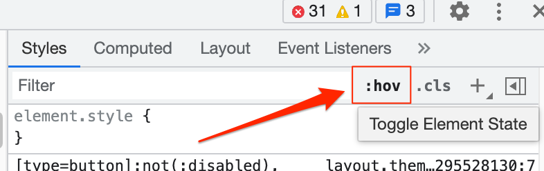 A red arrow pointing to the toggle element state button. Visually, it looks like :hov.