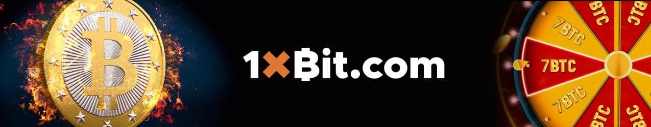1xBit Bitcoin Casino Banner mit Btc Münze und Bonus Rad