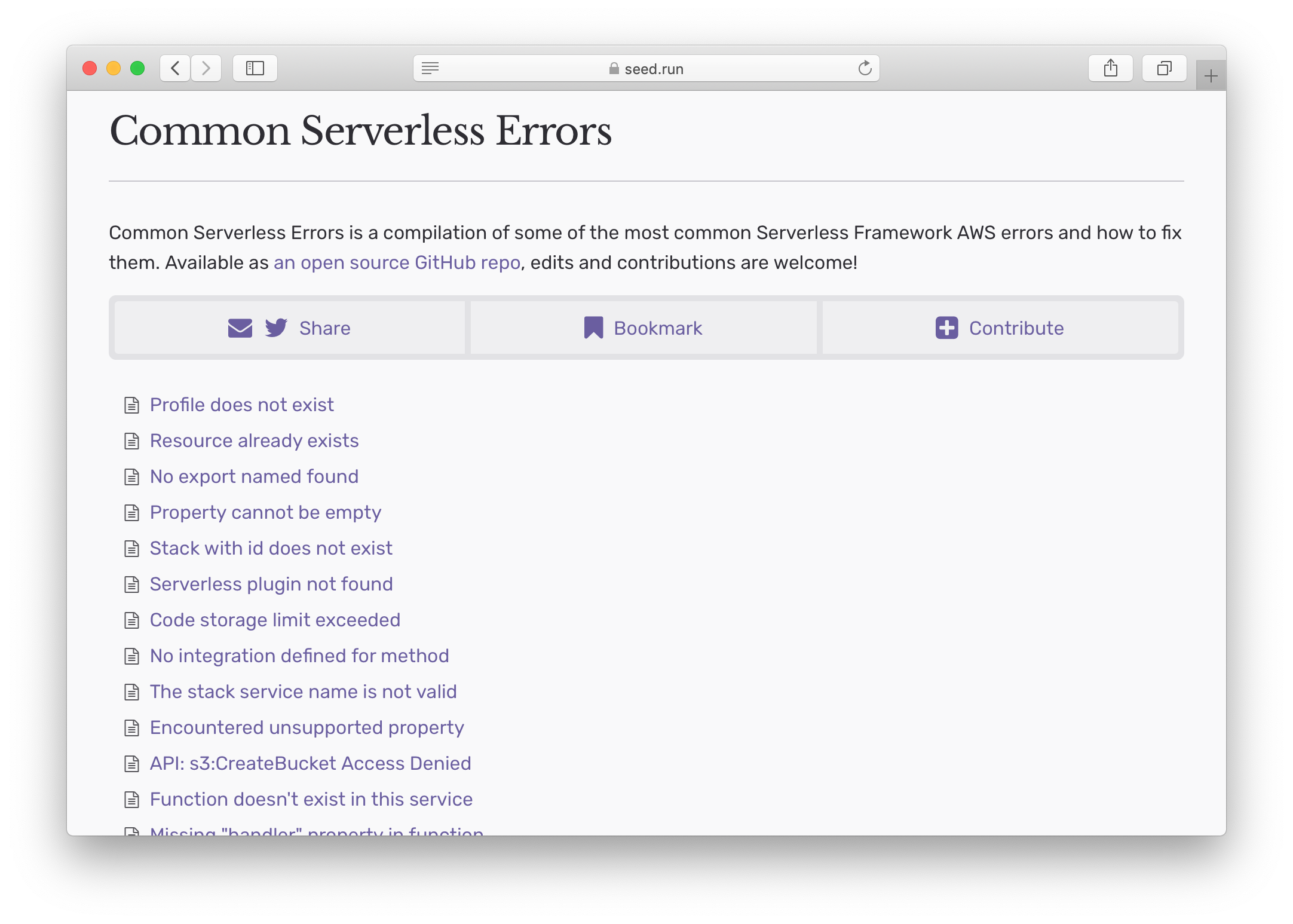 Common Serverless Errors microsite screenshot