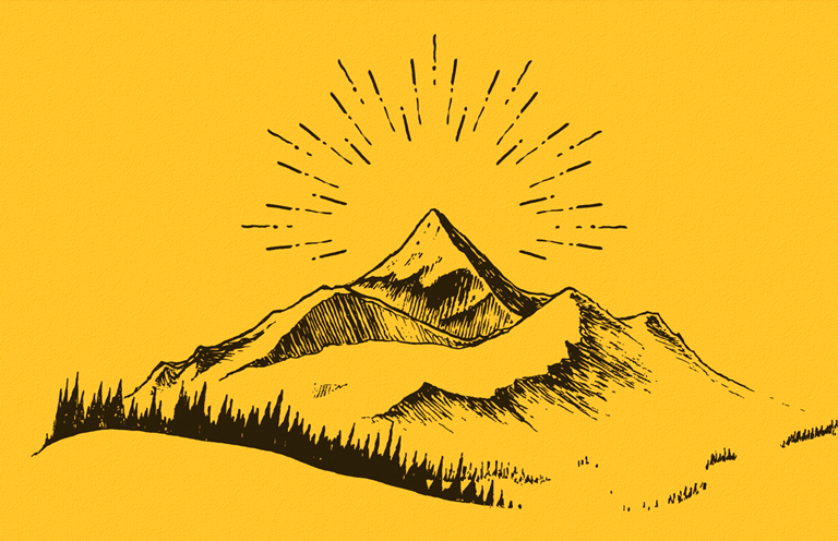 A mountaintop with rows of pine trees against a canary yellow background.