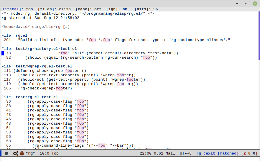 Screenshot of rg.el in Emacs