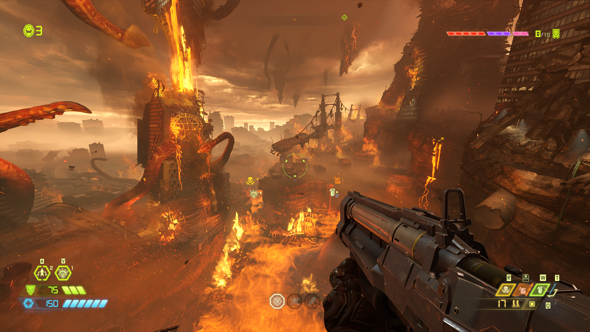 A city burning and surrounded by lava and big tentacles.