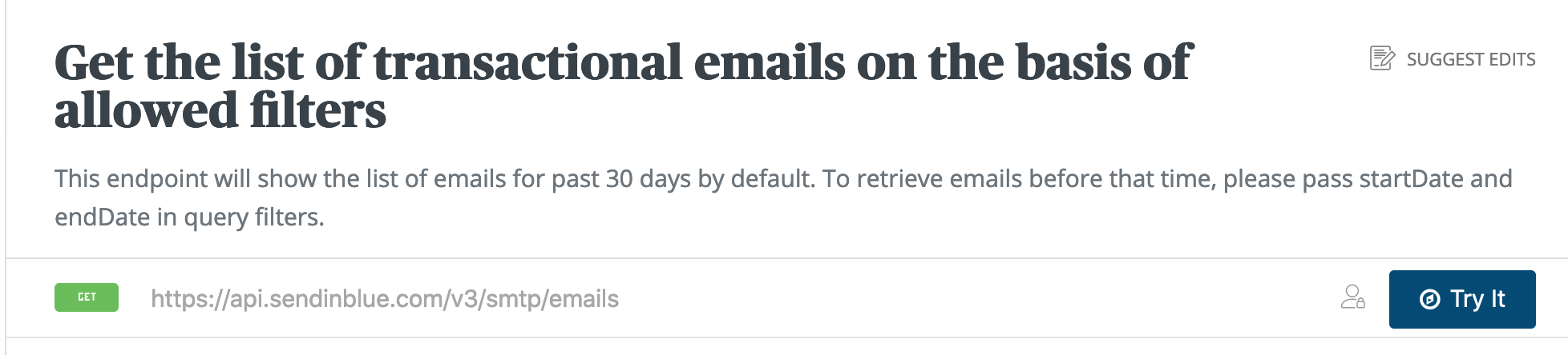 Screenshot der Sendinblue API Dokumentation - Funktion 'Get the list of transactional emails on the basis of allowed filters'