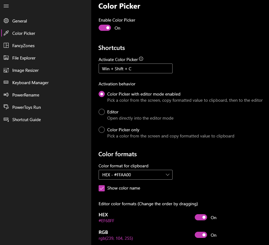 Configure the Color Picker in the PowerToys Settings