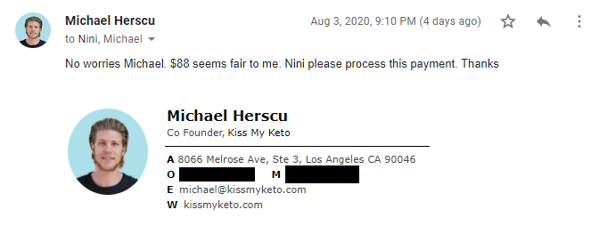 Herscu responds: 'No worries Michael. $88 seems fair to me.'