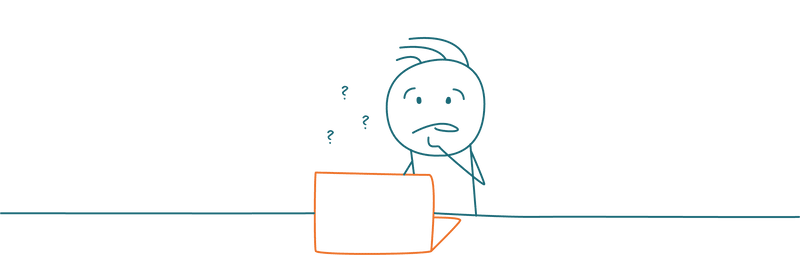 Situation Strichmännchen vor Computer mit Fragezeichen