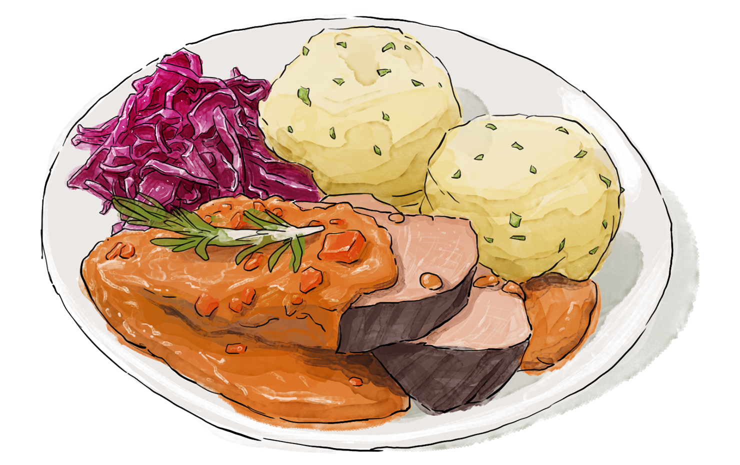 Illustration of a plate of Sauerbraten