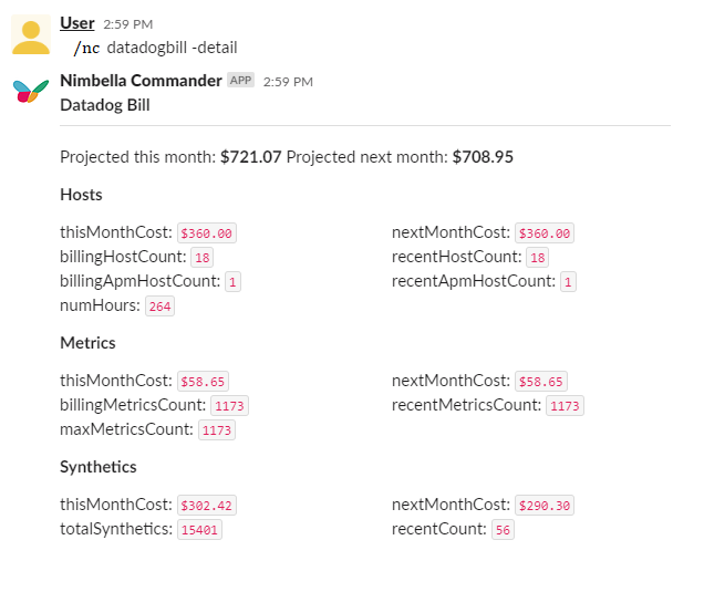 The Slack output showing your Datadog billing info. The detail command shows specific aspects of your bill.