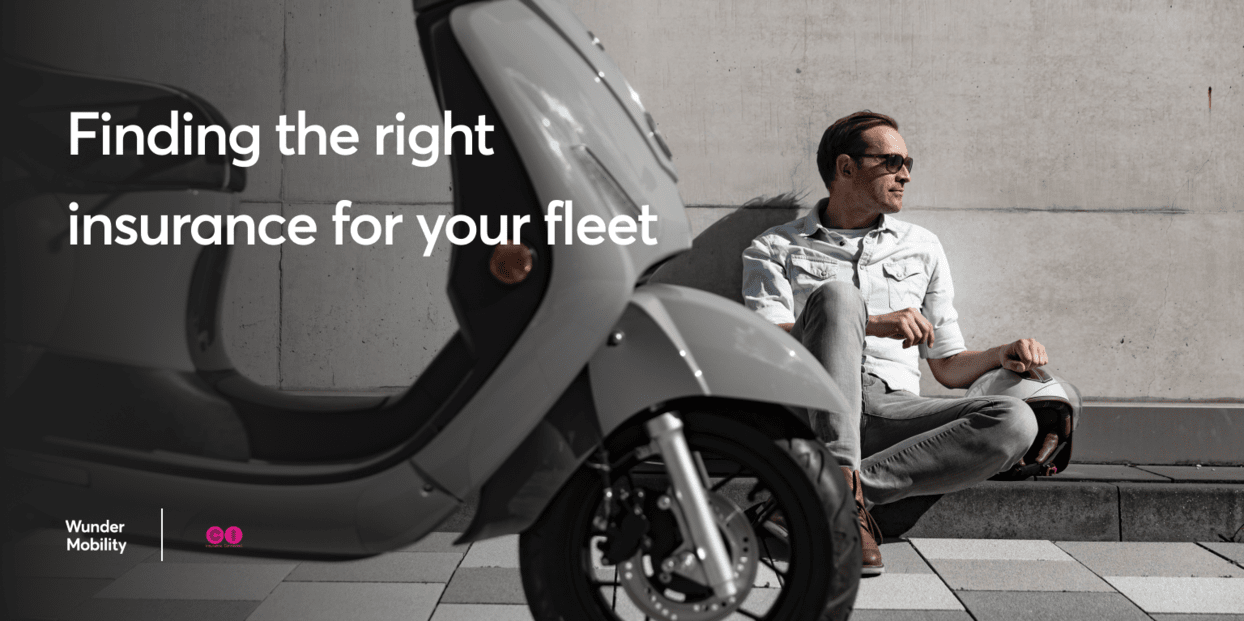 Template titled "Finding the right insurance for your fleet" featuring an image of a caucasian man resting and sitting on a sidewalk next to his grey e-moped.