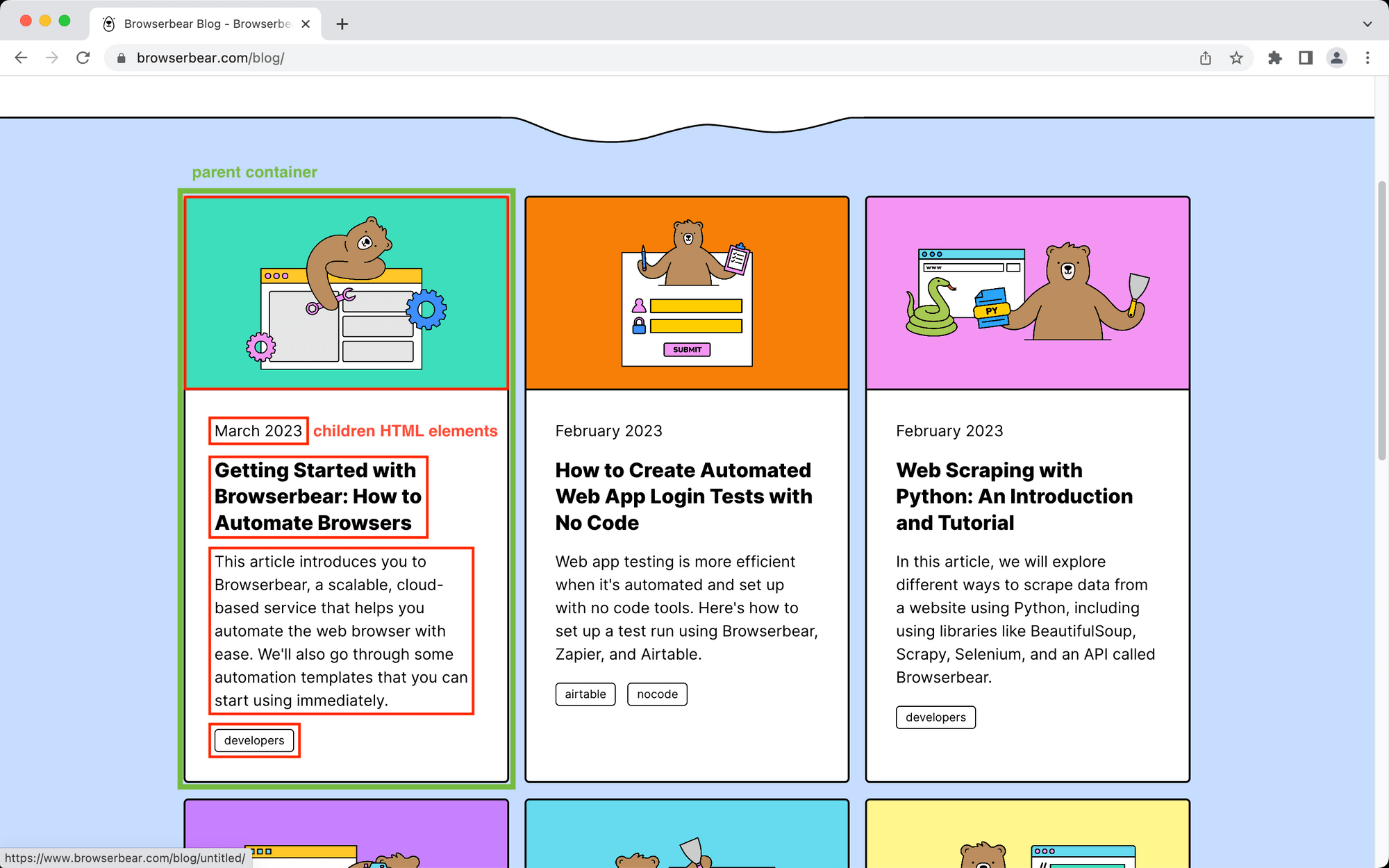 Screenshot of Browserbear blog parent container and children HTML elements outlined