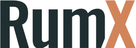 The logo of RumX, which is composed of the word rum and the symbol X (two crossed glasses)