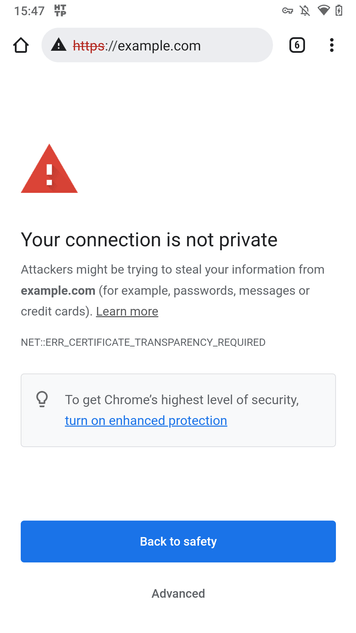 Chrome showing a certificate transparency error for example.com