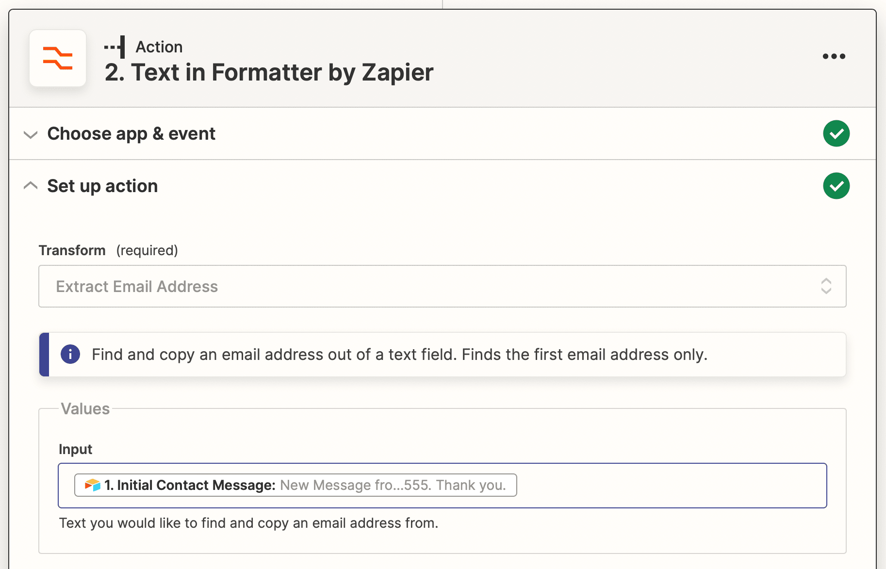 Screenshot of Zapier text in formatter action with extract email address transform