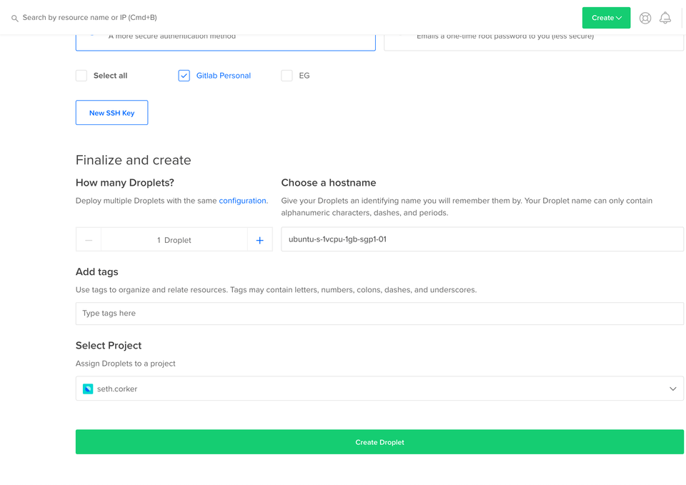 Create a droplet, final screen setup screen with large greeen Create Droplet button
