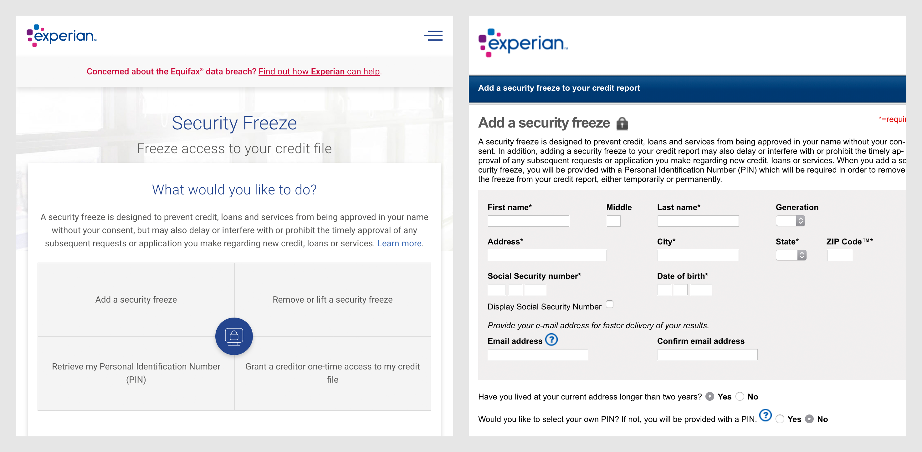 A side by side comparison of screenshots of Experian's homepage and Credit Freeze request form.