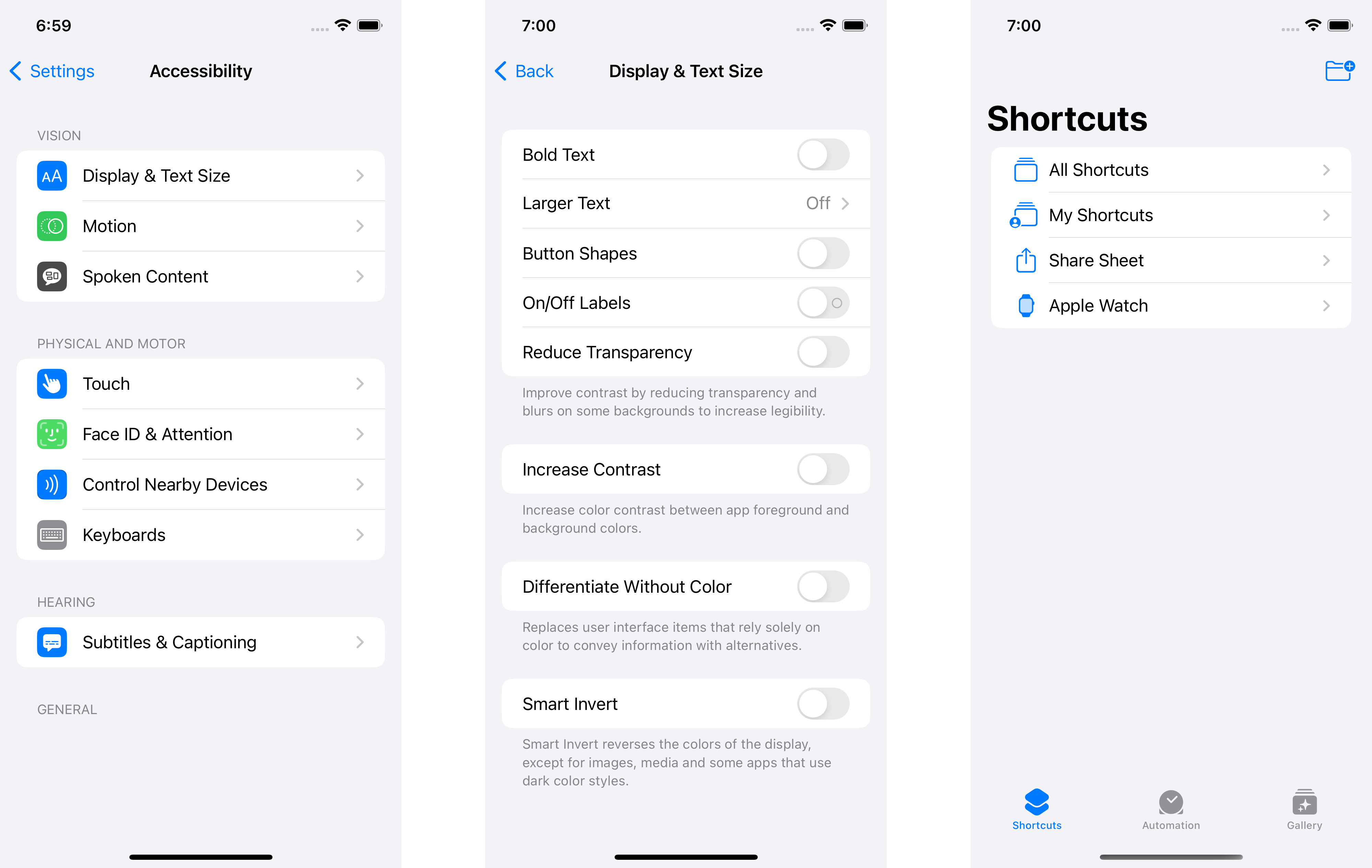 Settings app and Shortcuts app.