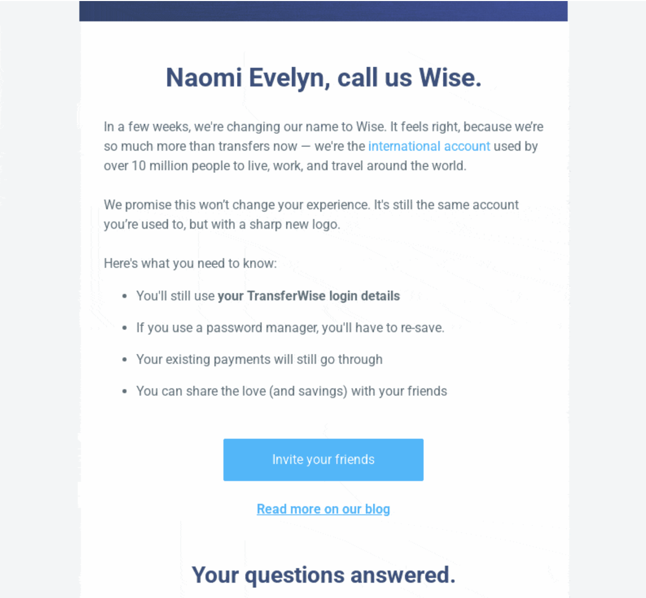 SaaS Rebranding Announcement Emails: Screenshot of TransferWise's email announcing their renaming to Wise
