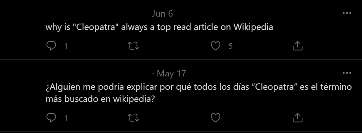 Screenshot showing two tweets. The first one says 'why is Cleopatra' always a top read article on Wikipedia'. The second one says in Spanish: Could someone explain me why is Cleopatra the most visited term on Wikipedia each day'.