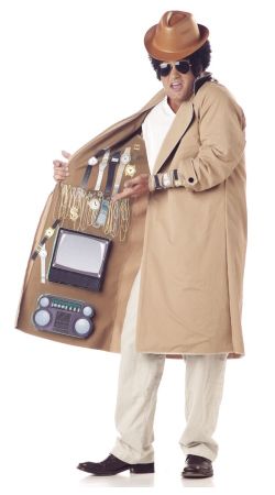 a man showing the inside of his trench coat with various things to buy