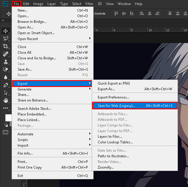 File -> Export -> Save for Web (Legacy)