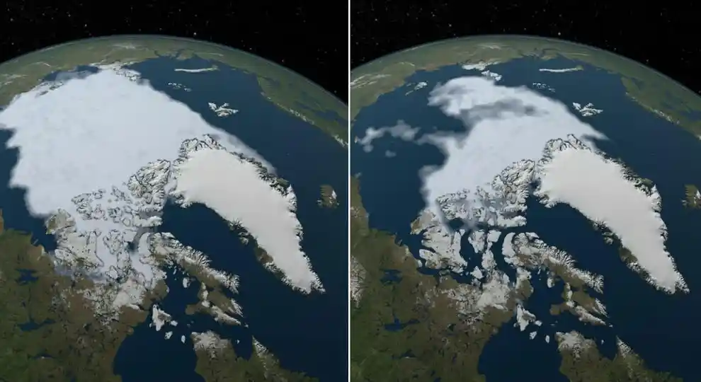 A satellite image showcasing Arctic sea ice in 1984 and 2012.