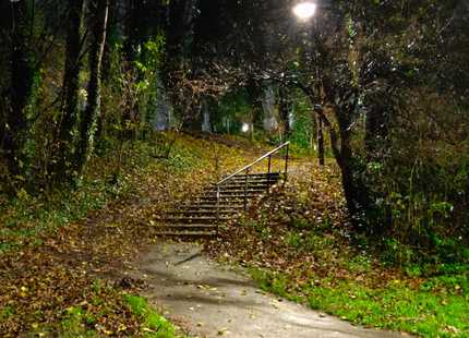 A lit set of stairs in a park at night. There are lots of fallen leaves on the floor.