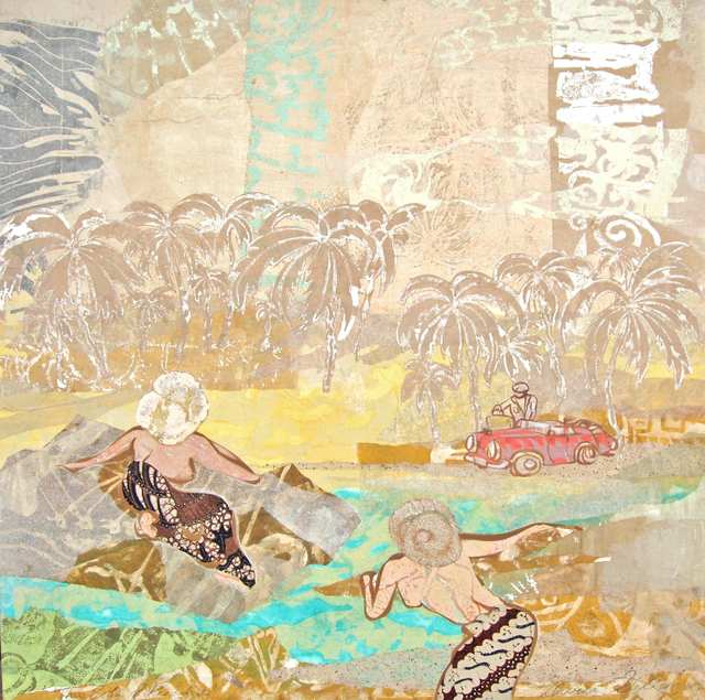 This Side of Paradise, acrylic woodblock monoprint collage on rice paper and canvas