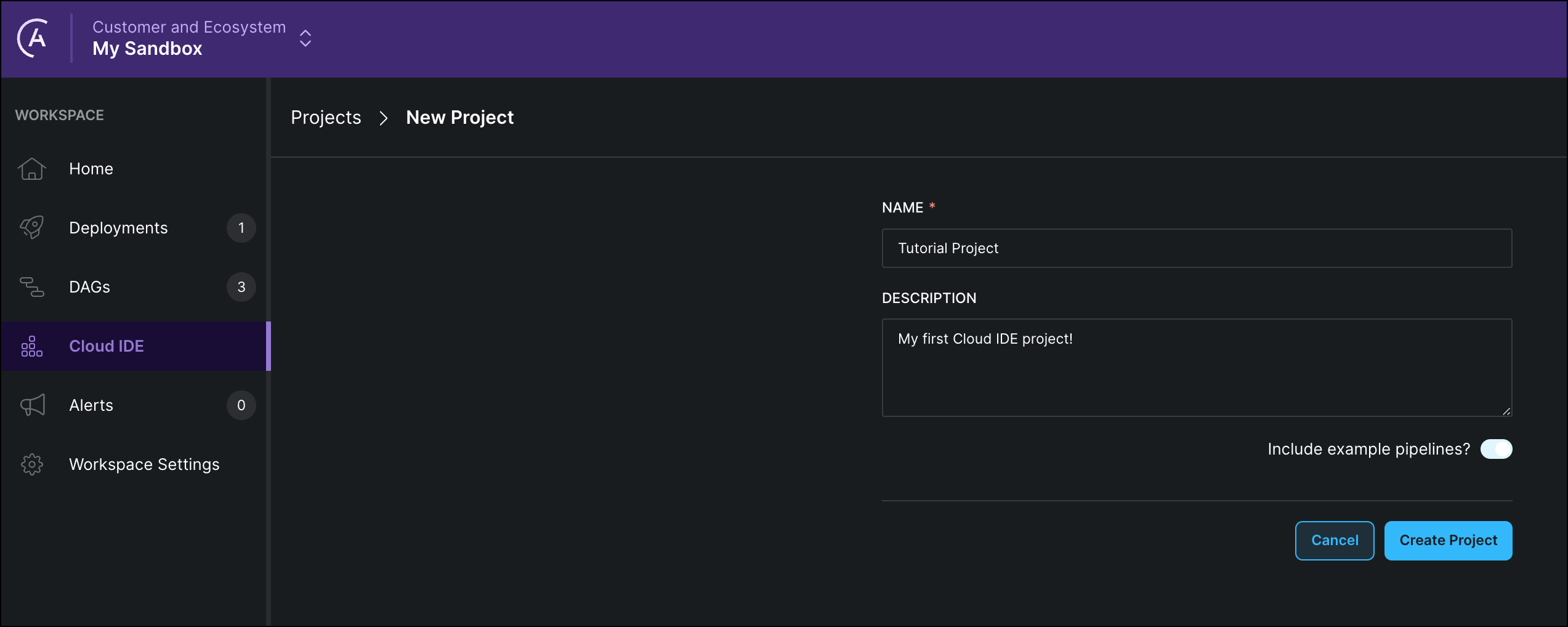 Screenshot of the Astro UI. New project creation dialogue, creating a project called tutorial project