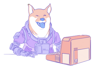 Illustration av en hund som sitter vid en dator.