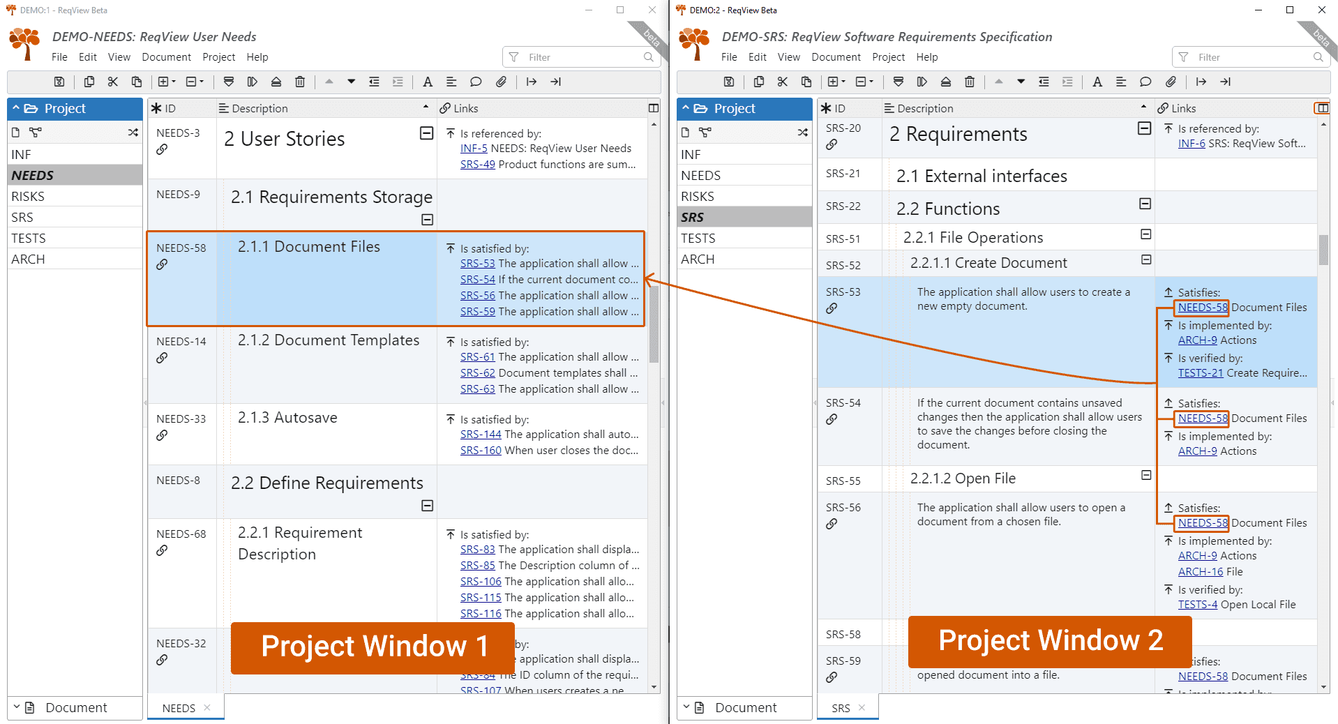Working on different documents of the same project in multiple windows