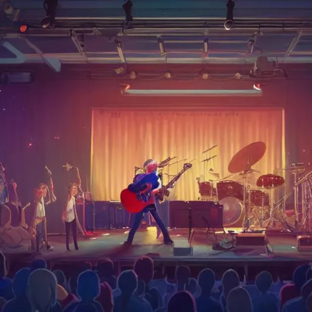 A wholesome animation key shot of a band performing on stage