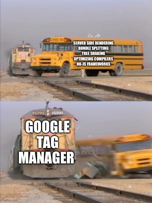 A bus labelled with complex performance improvements stuck on a train track is smashed into by a train labelled “GOOGLE TAG MANAGER”.