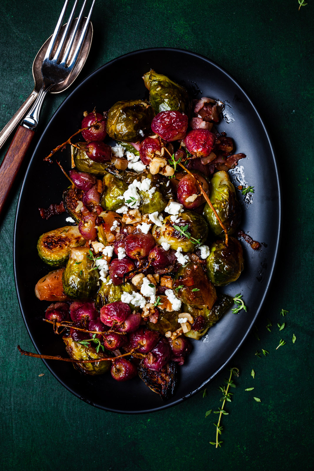 Roasted Brussel Sprouts and Grapes With Bacon Olive & Mango