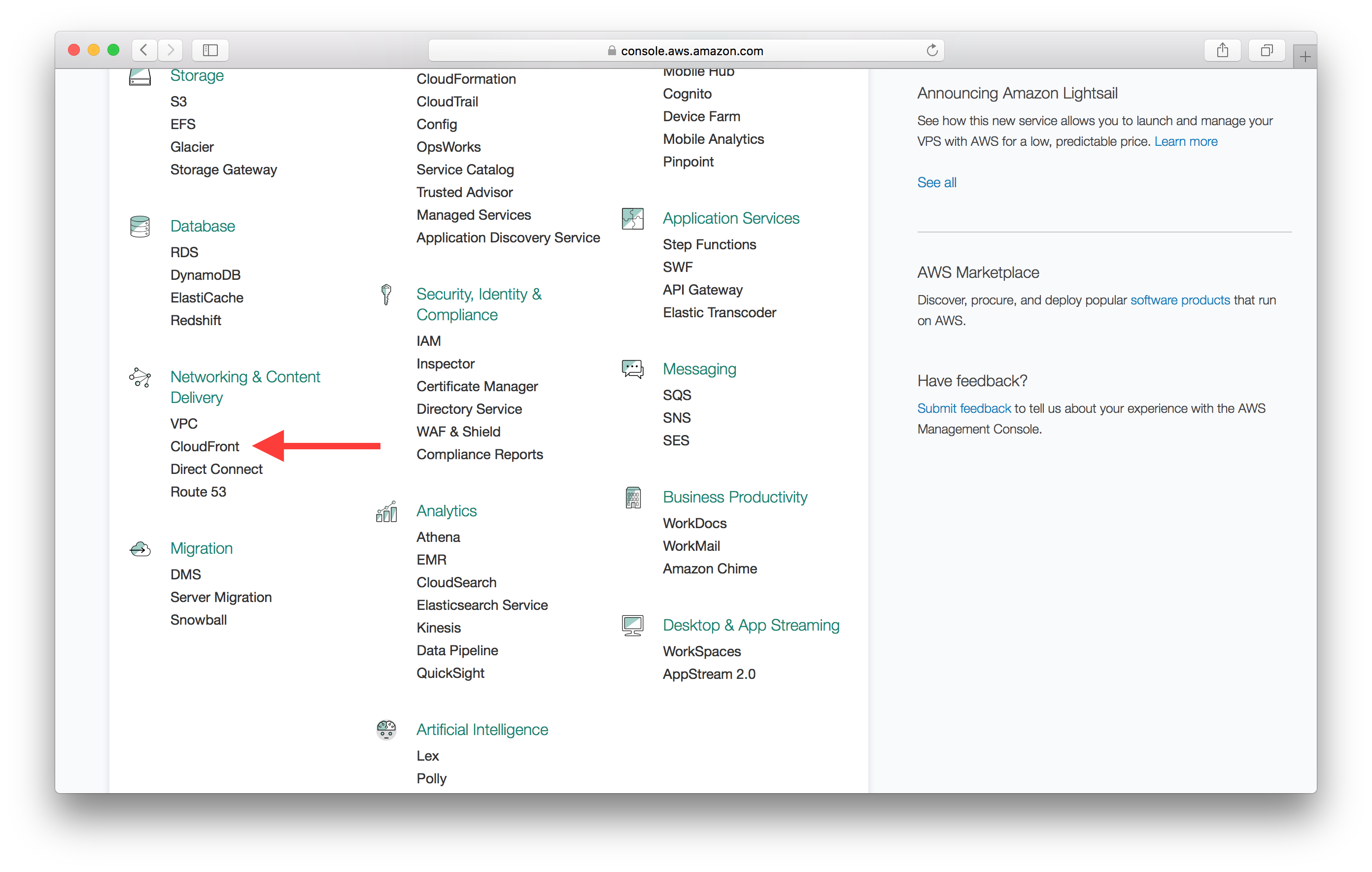 Select AWS CloudFront service screenshot