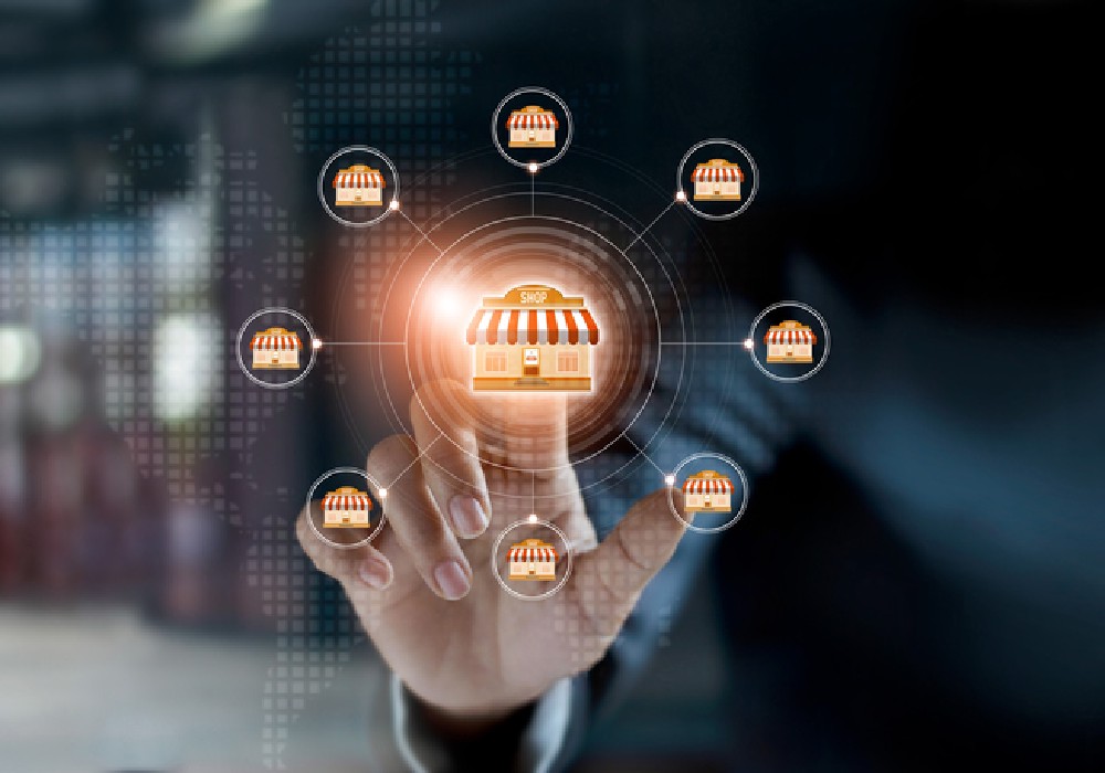 Businessman hand touching icon global network connection on franchise marketing system. Branch of market and customer. Modern technology business