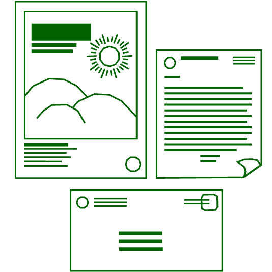 layout of poster, letter, and envelope icons