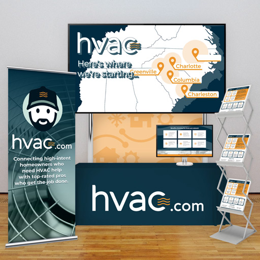 Brand materials for a trade show booth for hvac.com including tablecloth, standing banner, print flyers, webpage signup form, backdrop, and set of 4 custom animations.