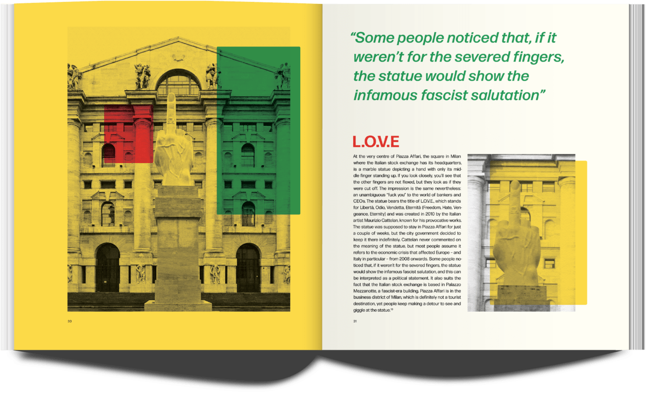 a publication spread. Page Title: L.O.V.E. The text describes a statue in the financial district in Milan. It is a giant hand with only its middle finger standing up.