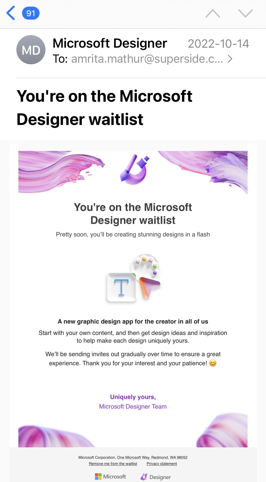 SaaS Waitlist Emails: Screenshot of Microsoft Designer's email for waitlist members