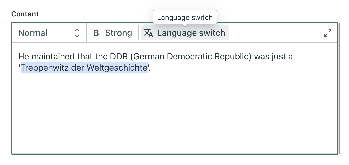 Screenshot of the rich text editor featuring a “Language switch” option