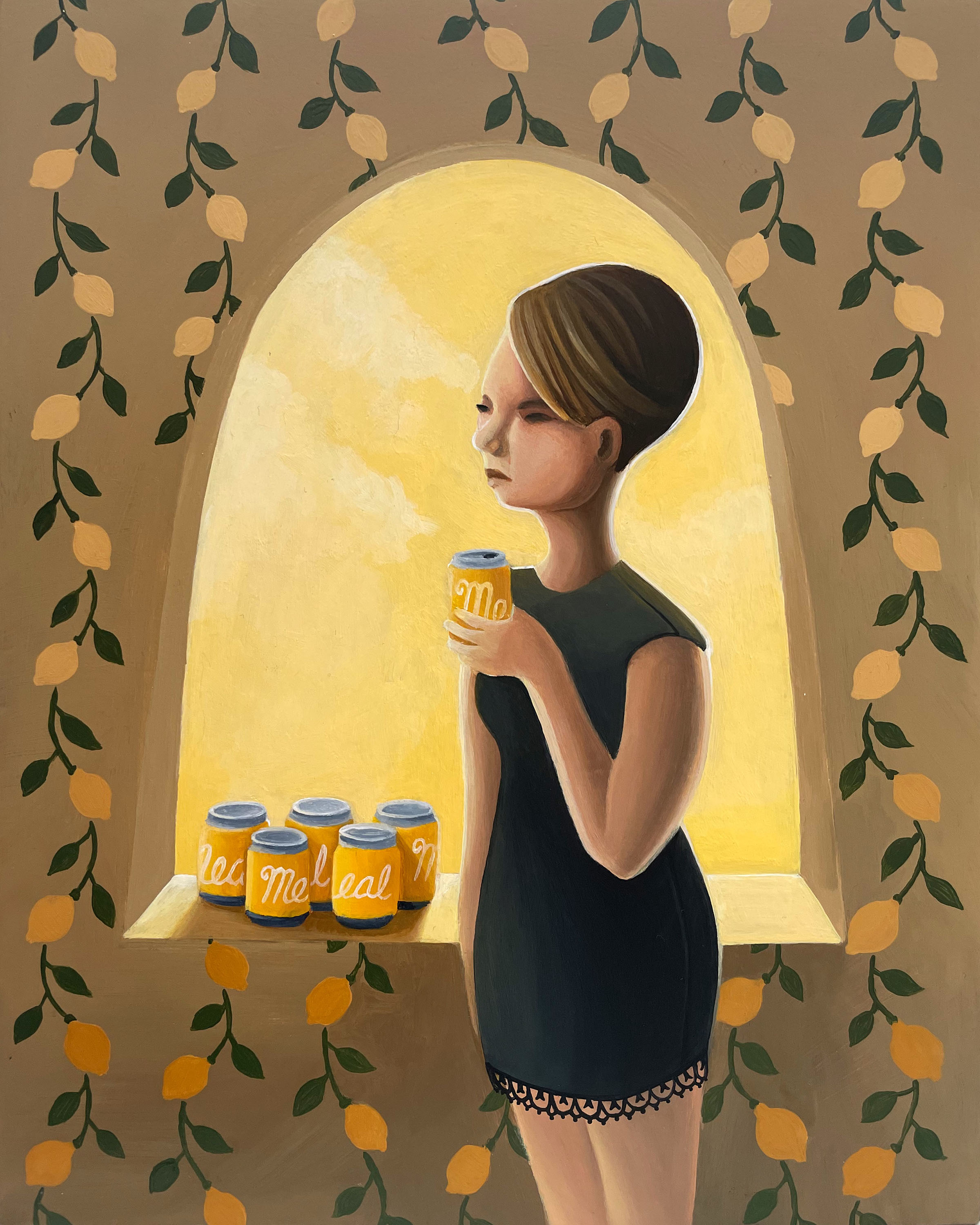 a woman stands in the window, drinking lemon flavor from a can