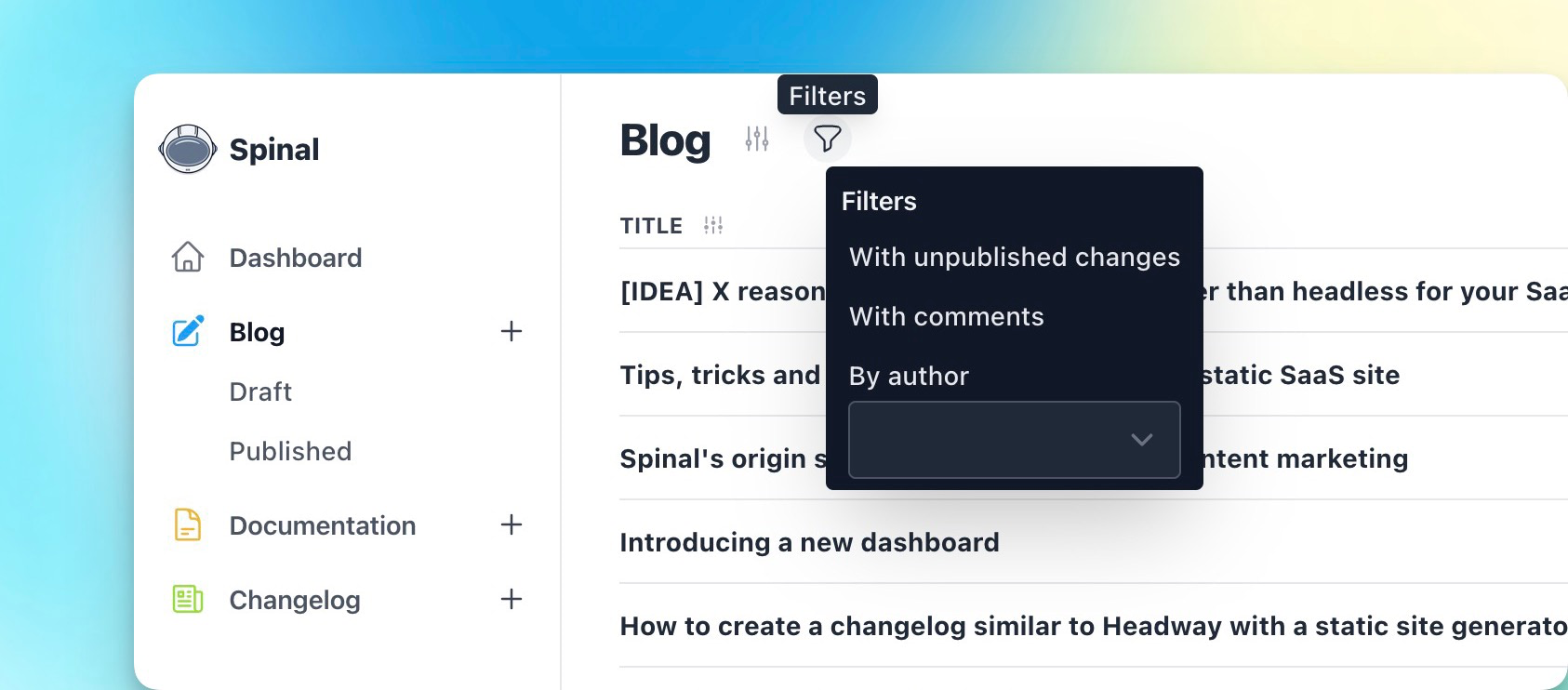 Preview of the content filter dropdown, showing the options: "with unpublished changes", "with comments" and by "authors" with a select field below it