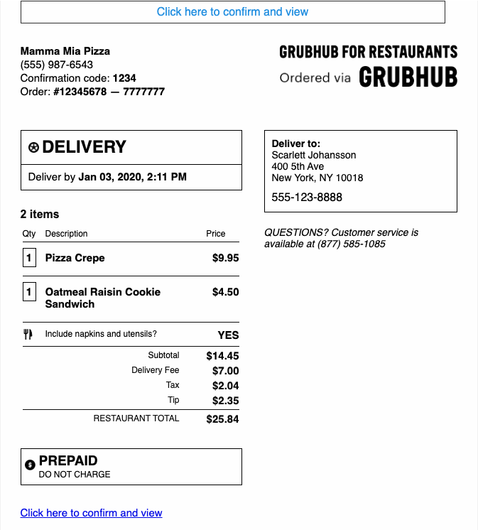 Example of an email received from Grubhub