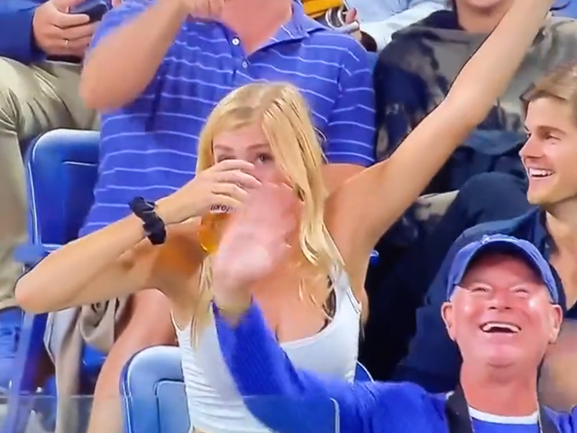 Megan Lucky, the US Open Tennis beer chugging girl, chugs her beer on camera