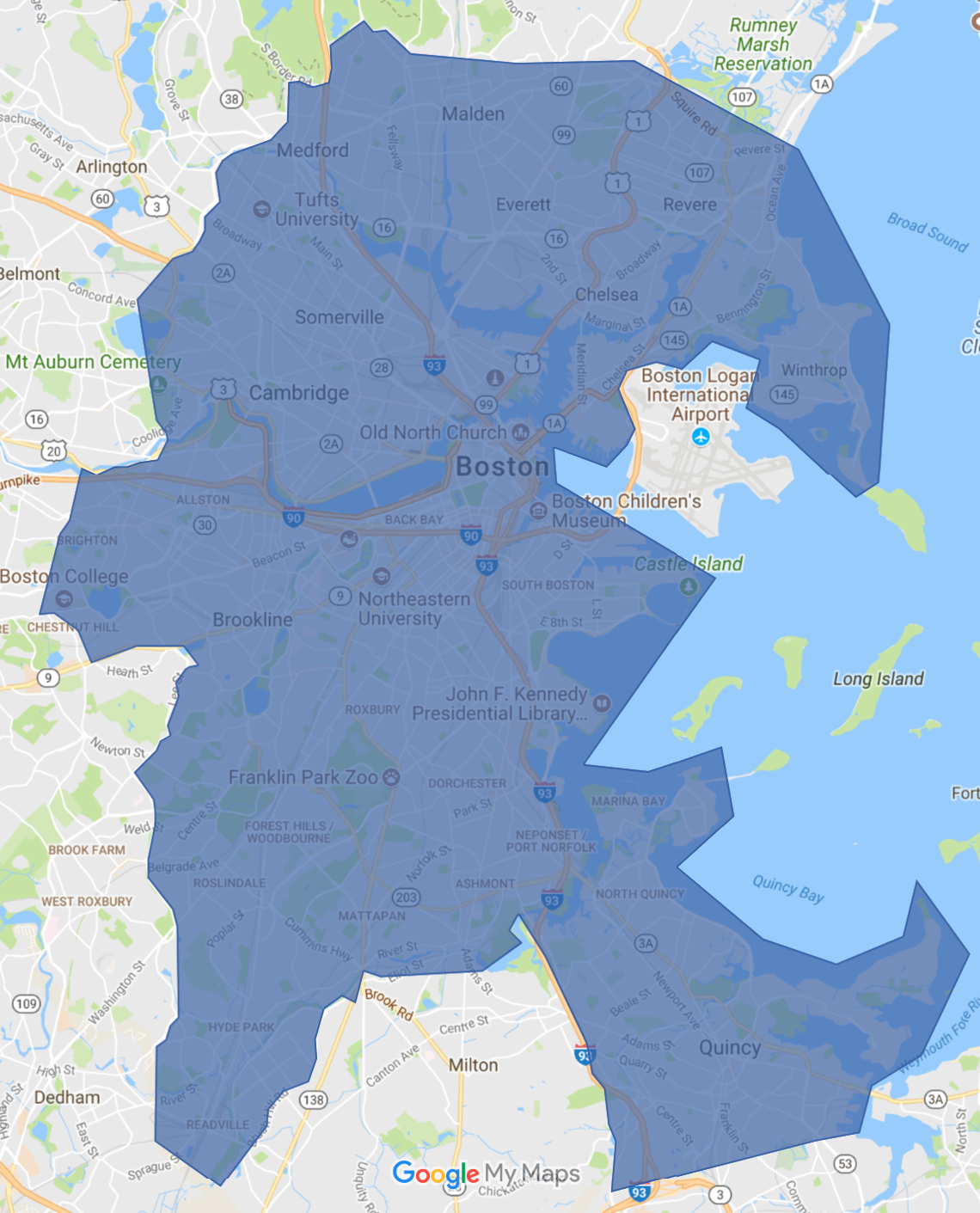 map of greater Boston area: Summer/Fall 2017 Uber Ride Pass overlay