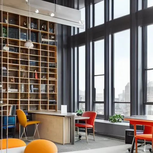 Office high end modern interior, a vibrant living library space, colourful, wooden, huge windows.