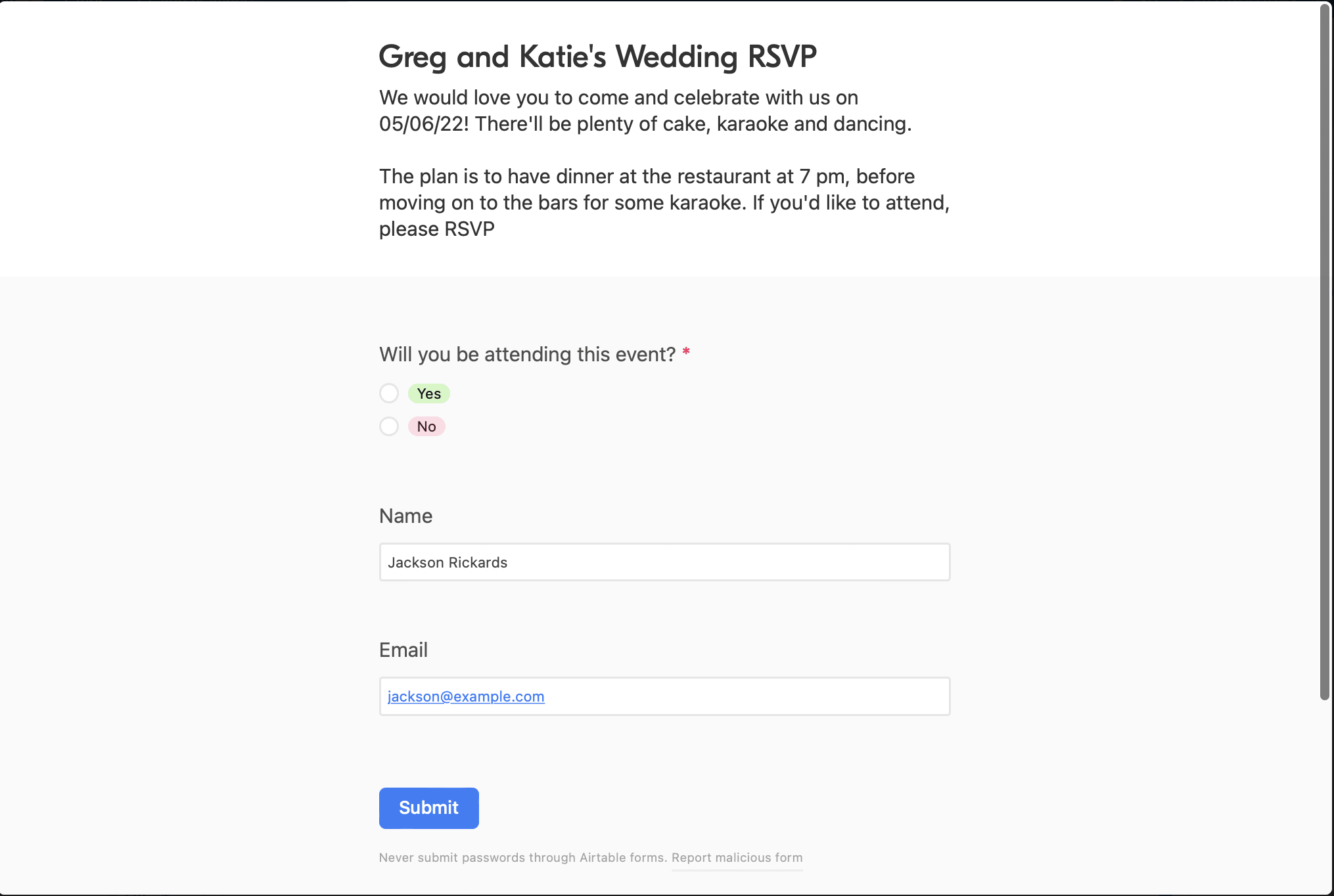 RSVP form automated Airtable