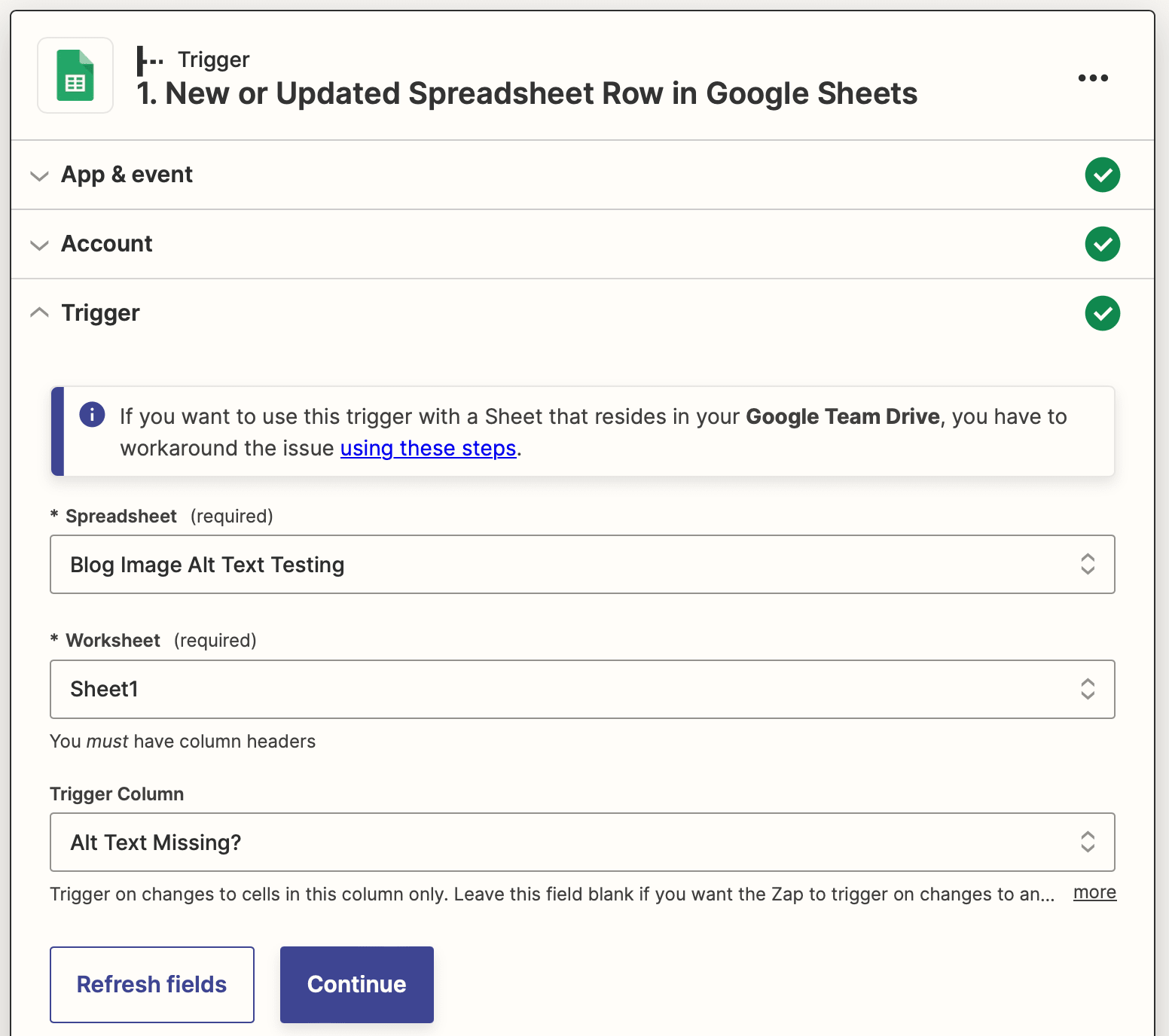 Screenshot of Zapier Google Sheets new or updated spreadsheet row trigger