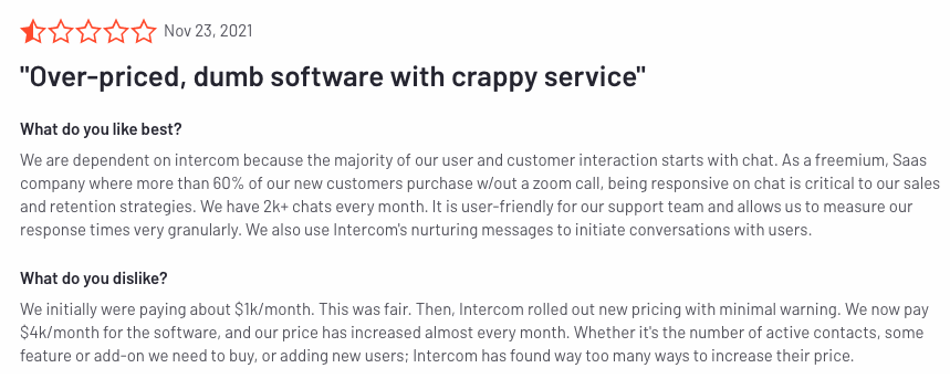 Intercom Alternatives: Screenshot of a customer review about Intercom